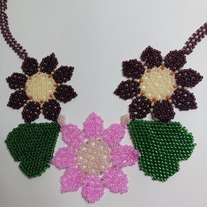 Mexican handmade beaded seed flower Necklace,  Brown, green and pink